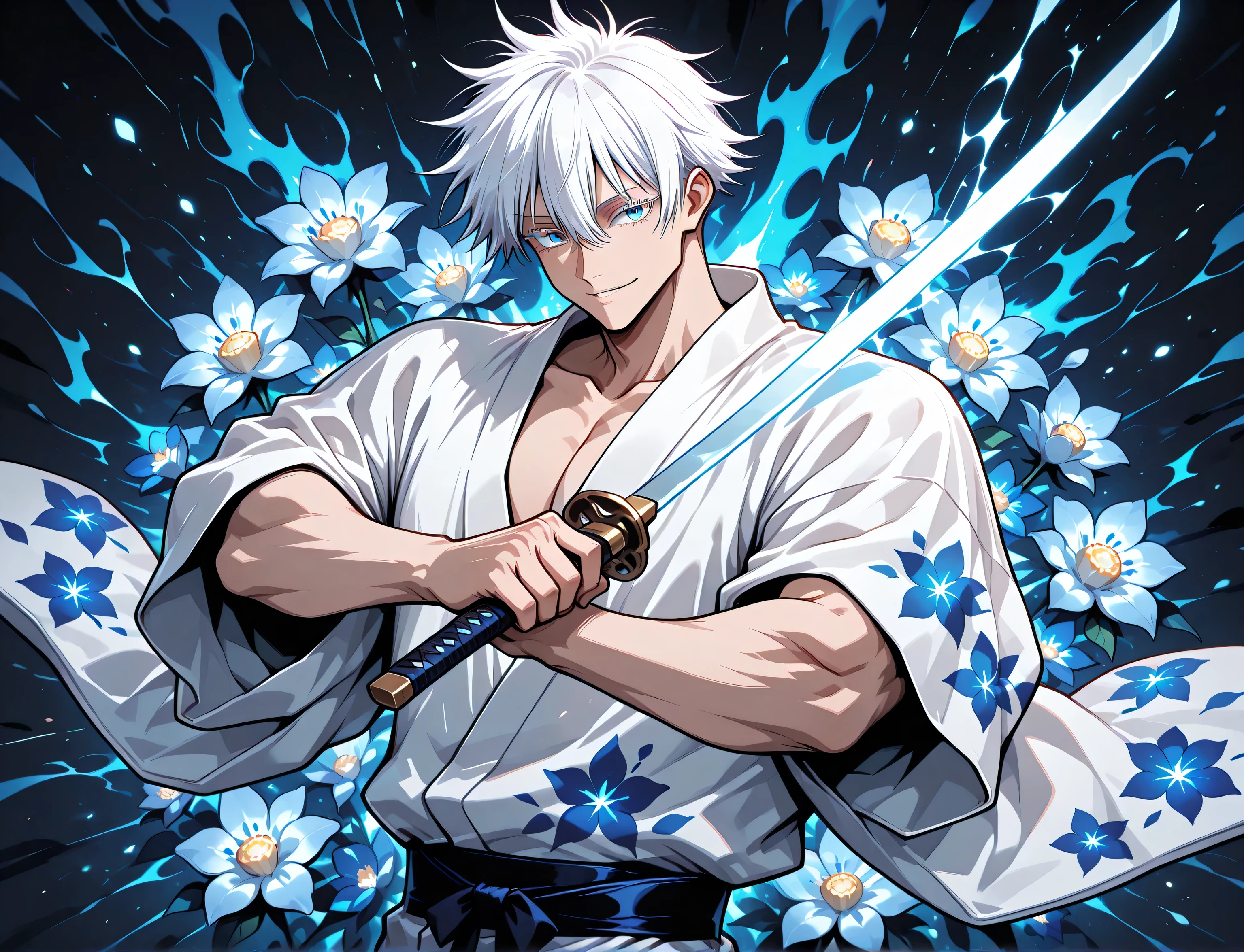 1man, adult, male focus, gojou satoru, jujutsu kaisen, white hair, short hair, ((hair between eyes)), colored eyelashes, white eyelashes, blue eyes, intricate eye iris, detailed eyes, muscular male, sexy man, handsome man, handsome face, white kimono with blue flower patterns, dynamic pose, dynamic composition, katana, sword slash effect, sword aura, ink background, ink splats,
