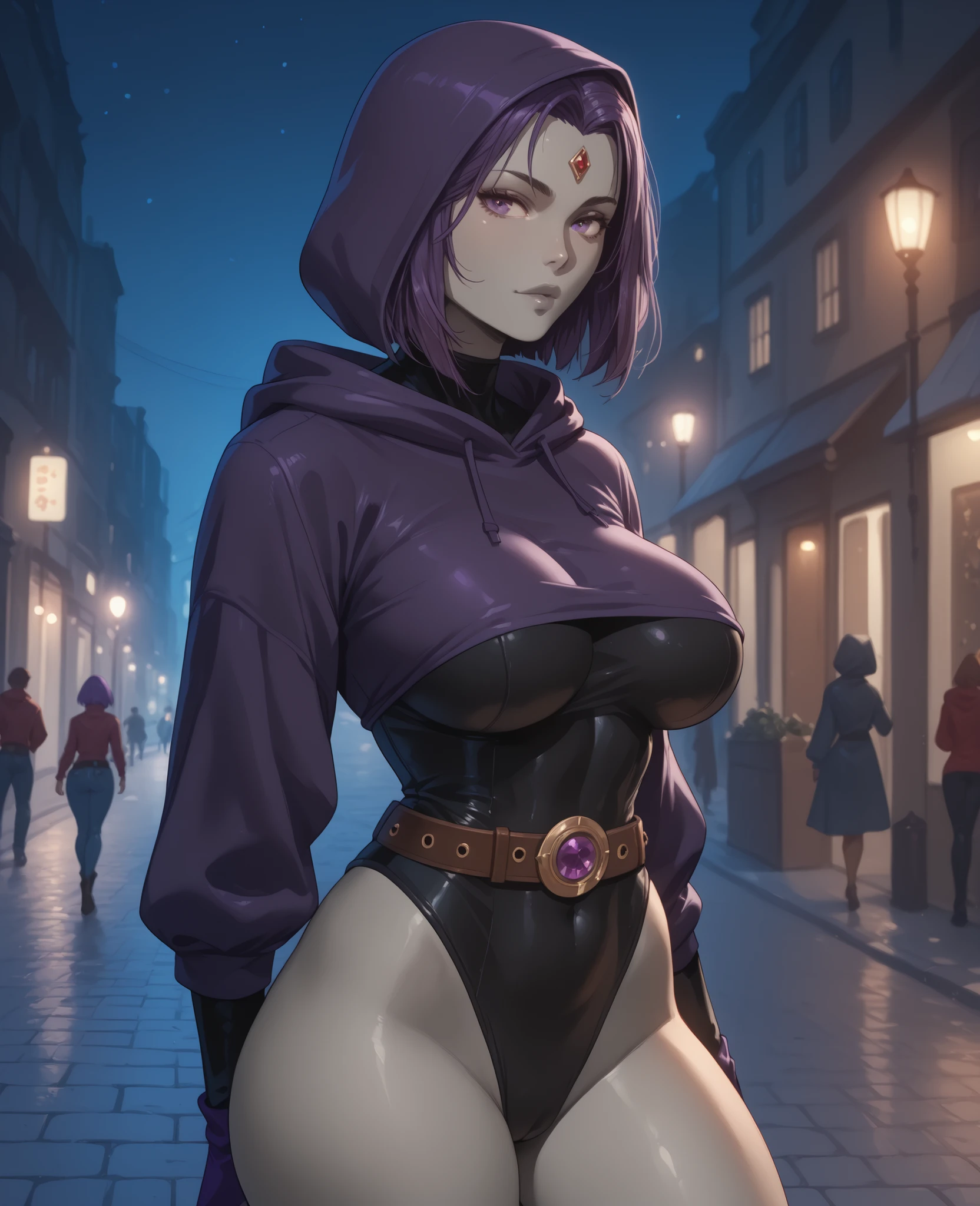 raventt, 1girl, grey skin, solo, purple eyes, purple hair, forehead jewel, short hair, hood, leotard, belt, big ass, big breasts, at street, night,
