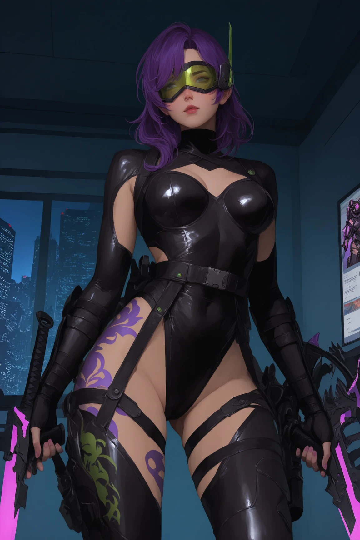 The generated prompt can be："violet parr,latex outfit,long black hair,vivid purple eyes,smoky makeup,big round butt,perfectly sculpted abs,(best quality,4k,8k,highres,masterpiece:1.2),ultra-detailed,(realistic,photorealistic,photo-realistic:1.37),portrait,dark and moody lighting,vivid color grading, sexy face, blushing, oiled up, nsfw, small tits, cleavage towards camera, big cameltoe, huge ass, curvy, exposed breast, nip slip,
