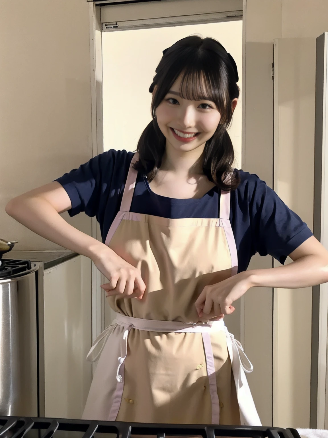 A realistic image of a girl cooking in a modern kitchen, (detailed facial expressions:1.2), wearing a stylish apron, (vivid colors), (soft natural lighting), preparing a meal with various fresh ingredients, (intricate details:1.1), (dynamic and lifelike pose), her friend beside her, both smiling and focused on their dishes, (warm and inviting atmosphere)