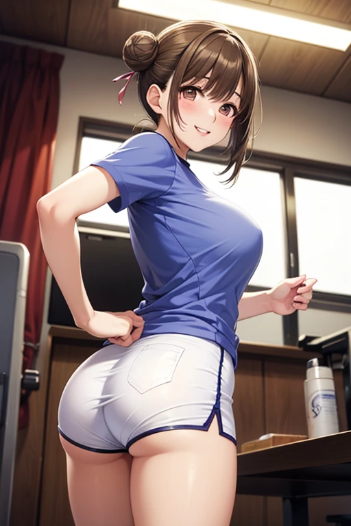 1girl,School gym clothes,Assjob、Being watched、Big Breasts、Panty shot、Put her penis between her ass,NSFW,Sit on a man's penis、Sitting on a man、Girls Room、Big ass、Riven clothes