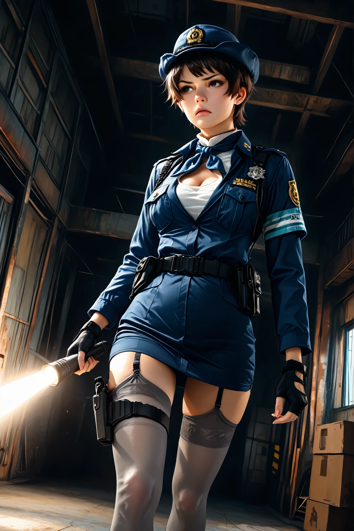 masterpiece, best quality, very aesthetic, absurdres, photorealistic, alex ross (style), interior, warehouse, dark, from below, dutch angle, japanese policewoman, asian, brunette, dark hair, very short hair, pixie cut, looking back, serious expression, scowl, female service cap, police uniform, dark blue jacket, long sleeves, white blouse, (detatched collar), blue neckerchief, ((cleavage cutout)), fingerless gloves, black microdress, garter straps, grey thighhighs,AddXL,s1_dram,flpoint, flashlight, thigh holster, walking
