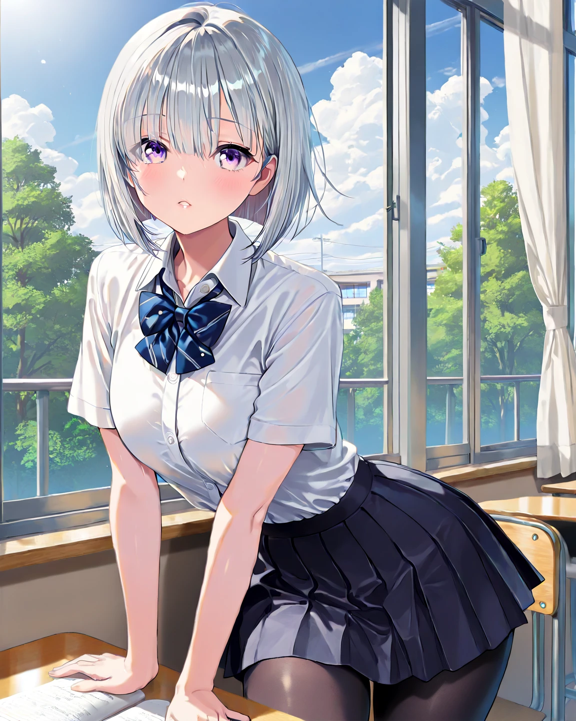 ((highest quality)), ((masterpiece)), (Very detailed), (Very high resolution), 4k, Anime 2D Rendering, Realistic, 
One Girl:1.5, 
BREAK Symmetrical Face:1.4, Perfect Face, Beautiful clavicle, Beautiful fingers, Beautiful breasts, (Slightly smaller chest), 
Beautiful body, Beautiful thighs, Beautiful feet, Perfect round butt, (Detailed skin, Tanned dark skin:1.5, Shiny skin:1.4), 
Baby Face, cute, (A little young child:1.2, 12 years old), 

Double eyelids, Natural eyebrows, 
(Beautiful and delicate eyes, Sparkling eyes, Dark blue eyes), 
plump mouth, Glossy mouth, 
BREAK Beautiful Hair, Shiny Hair, Hair fluttering, bangs, ((Silver Hair, Double bun on both sides)), 
BREAK 

((Collared short-sleeved shirt, White shirt, Blue plaid pleated skirt, Blue tie))、(Black Pantyhose、loafers)、透け感のあるBlack Pantyhose:1.4、loafers)、
Earrings、BREAK Laugh, (Character Focus, breast focus), sit, whole body, ((sunlight, 手で目を覆ってsunlightを遮る, dazzling)), classroom
