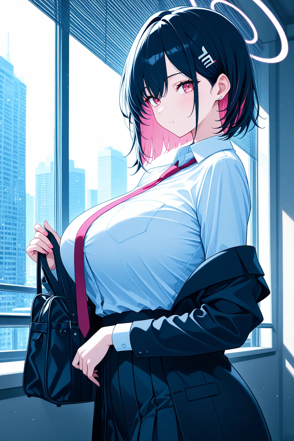 Masterpiece, Best quality, She sits on the bed with a high ponytail,Wearing black stockings，Pink eyes，Loving pupils，Wearing only one shirt，No buttons， pink face，roll eyes，Open your mouth and stick your tongue out，The mouth is dripping with liquid，happy laughing，With tears，Some white transparent liquid is spilled on the body，Next to it are floor-to-ceiling windows，It was raining outside the window （（tmasterpiece））
