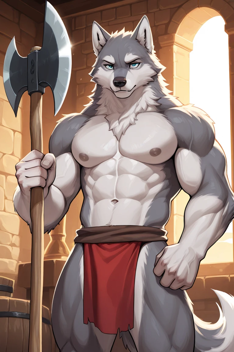 canid, canine, canis, mammal, mythological_canine, mythological_creature, were, werecanid, werecanine, werewolf, wolf, mythology, questionable, anthro, biped, black_body, black_fur, black_nose, male, fingers, fluffy, fluffy_tail, fur, looking_foward, looking_at_viewer, muscular, muscular_anthro, muscular_male, knight, wielding_sword, metal_armor, raising_sword, smile, solo, standing, tail, towel, tuft, 2020, digital_media_(artwork), hi_res, masterpiece
