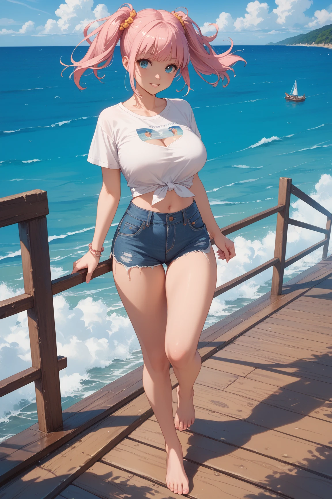 [(((nn1))), short hair, bangs, blue eyes, hair ornament, hair ribbon, pink hair, blunt bangs, two side up, butterfly hair ornament, large breasts], 1girl, anime girl, anime, 2d girl, (fullbody), standing, anime girl, ((blowing kiss to viewer)), heart, Solo, Slim, Tight Shorts, low waist shorts, upshorts, The night background, in front of beach house, distant mountain in the background, stars in the sky, looking at viewer, darker shadows, (((explicit))), (((shorts))), (((absurdres))), (((thigh gap))), cameltoe, (((cameltoe))), (((cleft of venus))), (((pussy outline in shorts))), (((pussy contour in shorts))), (((lowleg shorts))),