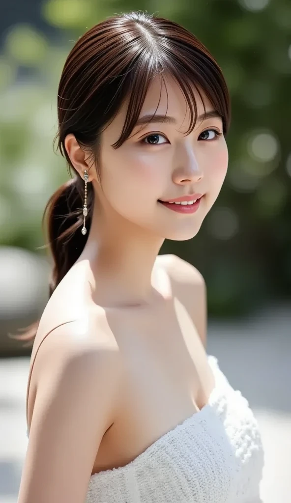 (8K,Raw photo、Raw photo、top-quality、Master masterpiece:1.2)、ultra-detailliert、Super Resolution、(Photorealsitic:1.3)、Angle to shoot from the front、Clearly draw shades of light、high resolution RAW color photos、professional photograpy、Same skin type as humans、Female proofreading of Japan from head to foot、Blur the background、Draws faithfully to anatomy、Very detailed and beautiful、Ultra-high image quality、long、Hair swaying and sexy、Very detailed beautiful girl、smil、full body Esbian、Loosely curly hair、Wedding、doress、chies、wedding dress、tiarra、From head to foot、bouquet、Flower garden、blue open sky、Do your hair up、