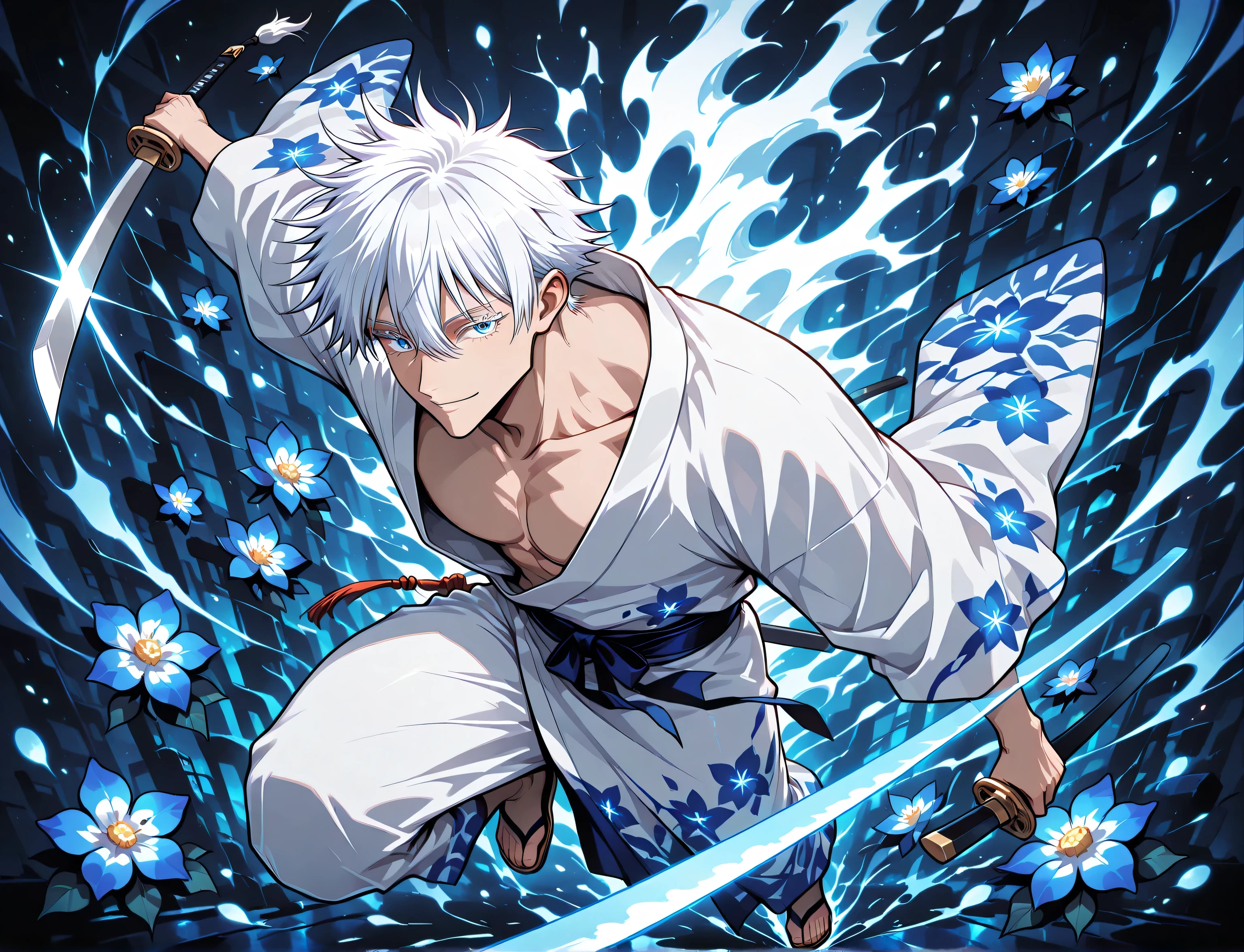 1man, adult, male focus, gojou satoru, jujutsu kaisen, white hair, short hair, ((hair between eyes)), colored eyelashes, white eyelashes, blue eyes, intricate eye iris, detailed eyes, muscular male, sexy man, handsome man, handsome face, white kimono with blue flower patterns, dynamic pose, dynamic composition, katana, sword slash effect, sword aura, ink background, ink splats, full body