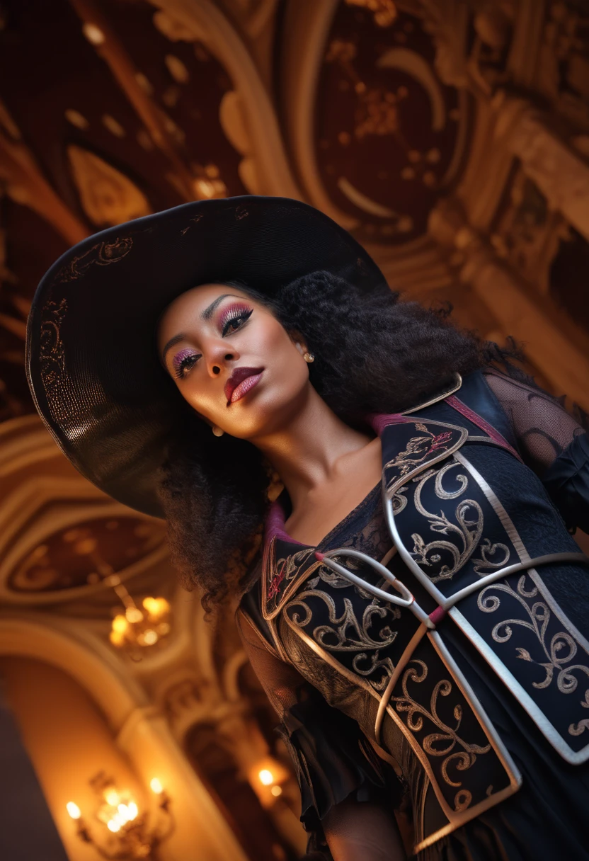 A demoniac black woman, (best quality,4k,8k,highres,masterpiece:1.2),ultra-detailed,(realistic,photorealistic,photo-realistic:1.37),realistic lighting, viewed from below, Scenery seen directly from below。
