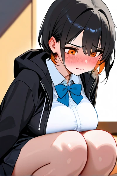 cute girl, black pony tail, hand in crotch, navy blue shorts, navy blue bra fall off shoulder, small fit body, track, outside, bending over arching back, side view blowjob, fucked from side, , arching back, side view fellatio