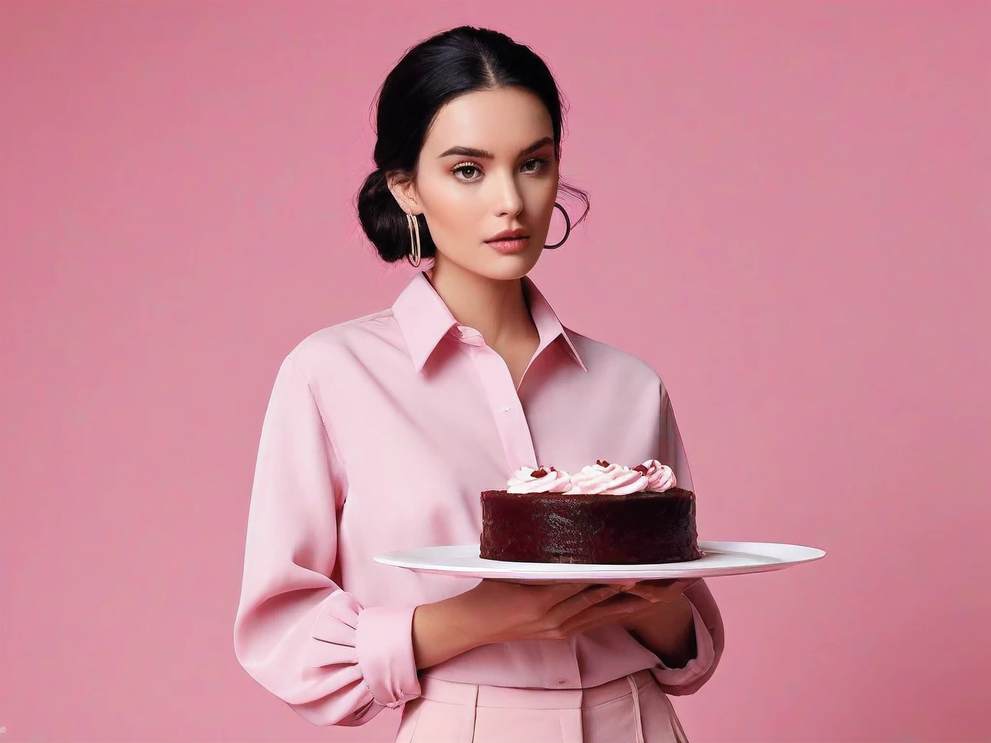 In this image, a young brunette woman with black hair is standing barefoot against an intense, she holding a cardboard shopping bag and in other hand she eating a slice of cake, monochromatic pink backdrop that creates a striking visual impression. She is dressed in a loose, long-sleeved button-up shirt paired with high-waisted, wide-legged trousers, both in matching tones of pink. Her hair is styled in an elegant updo, adding a touch of sophistication to the casual ensemble. The lighting casts soft shadows and highlights on her clothes and the background, giving depth and texture to the scene. The overall composition is minimalist, with the focus squarely on the harmony of color and form, creating an atmosphere of modern elegance and subtle dynamism. Large loop earrings further complement her outfit, making her attire a seamless part of the vivid environment.