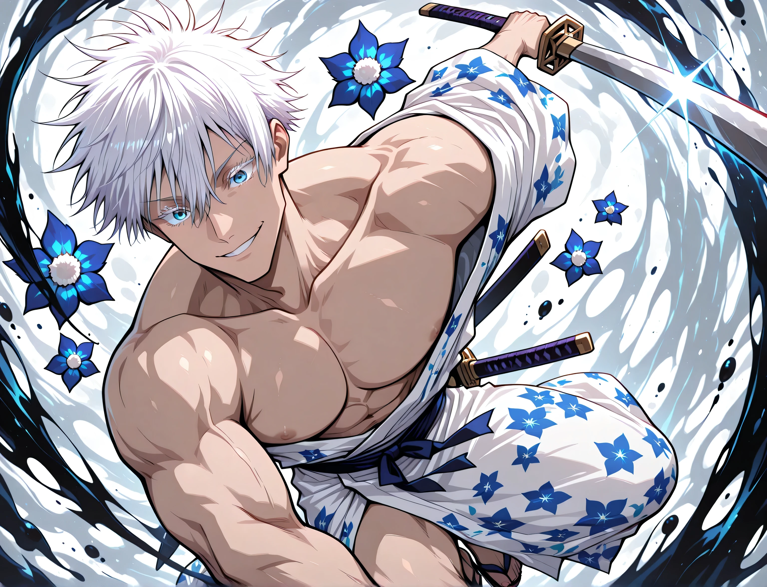 1man, adult, male focus, gojou satoru, jujutsu kaisen, white hair, short hair, ((hair between eyes)), colored eyelashes, white eyelashes, blue eyes, intricate eye iris, detailed eyes, muscular male, sexy man, handsome man, handsome face, white kimono with blue flower patterns, dynamic pose, dynamic composition, katana, sword slash effect, sword aura, ink background, ink splats, full body