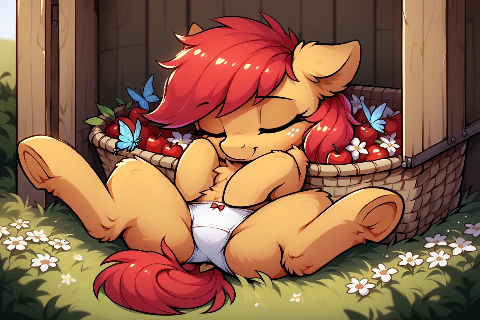 Female pegasus pony, brown fur, red hair, green eyes, green polka dot bandanna in hair on head, white feathers on wings,  large crotchboobs, fishnet stockings, bulge in throat , kneeling, deepthroat blowjob 