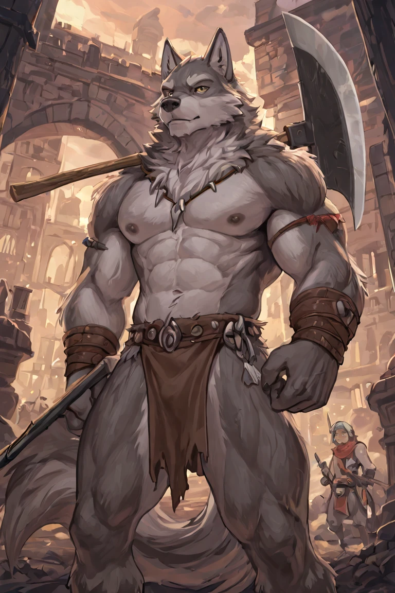 Anthro male white wolf knight holding a large sword in left hand, alone, arrogant expression, masterpiece, Best Art, whole body, by violinist taran, detailed eyes, detailed body, claws, high, top-less, Pecs, ABS, Nipples, shoulder pads, squatting posture