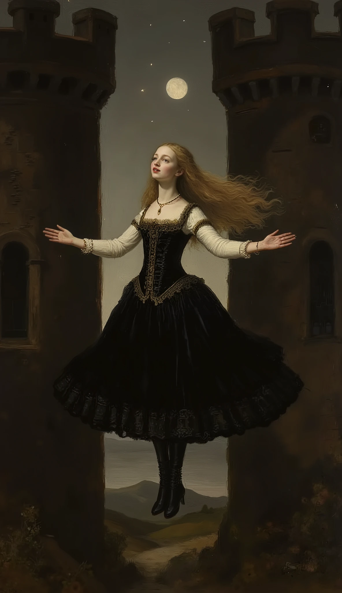 A dynamic and uplifting masterpiece, high quality, Oil Painting, Hyper-realistic, viewed from a frontal, slightly high angle, capturing a young skinny princess gracefully floating between two tall castle towers under a clear night sky full of stars. Far bellow her are the castle towers descend beyond vision. The perspective emphasizes her graceful posture and the upward motion of her hair and arms, creating a sense of freedom and movement. The composition centers on the princess, with her head tilted back as she smiles with a serene expression, as if she is basking in the moment. She is wearing a elegant Victorian dressed that is corseted, hooped, crinoline, and bustled with black elegant boots. Her dress moving with dynamic motion. Her flowing black skirt moves naturally with the wind, adding to the dynamic energy of the scene. Her long blond, wavy hair, highlighted by the moonlight, is blown upward and outward by the breeze, creating a sense of motion and life. She floats, somewhat precariously, between the two towers. The background is a soft, dark sky is filled with stars and the moon. The simplicity of the background contrasts with the intricate details of the figure, drawing the view's focus to her. The art work stylized yet realistic detailing creates a harmonious blend of motion and tranquility, capturing a fleeting, magical moment. The girl's pose and flowing hair emphasize movement and grace, set against a calm. The painting shows shadow and light, Masterpiece, intricate lines, intriguing atmosphere, sharp magnificent details, delicate features, elaborate details, (2\3 rule composition:0.5), ultra detailed, romantic, Rembrandt lighting, brush stroke, lovely, novuschroma, NixPort, del1cate_balance style, in the style of Rembrandt. vantablack