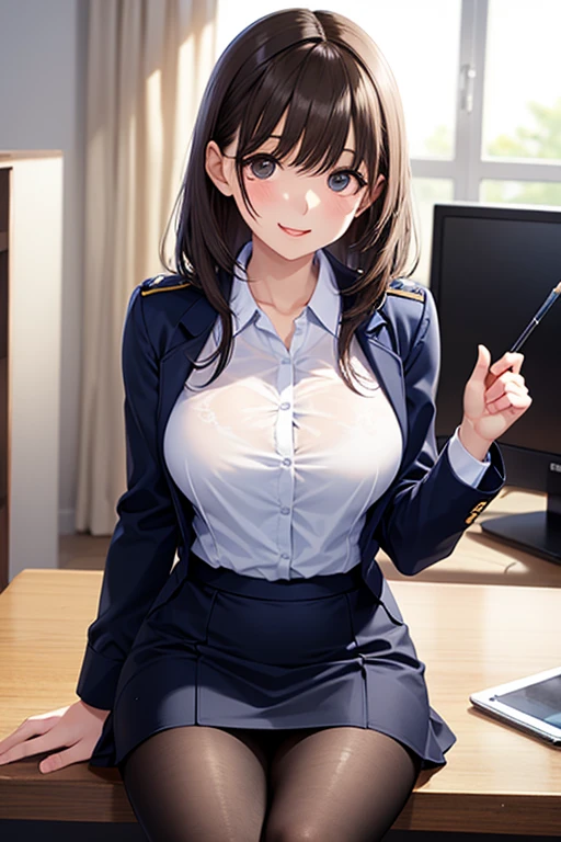 the news show on tv, woman news anchor, drooping eyes, realistic skin, broadcasting her panties and pubic-hair, blouse, jacket,