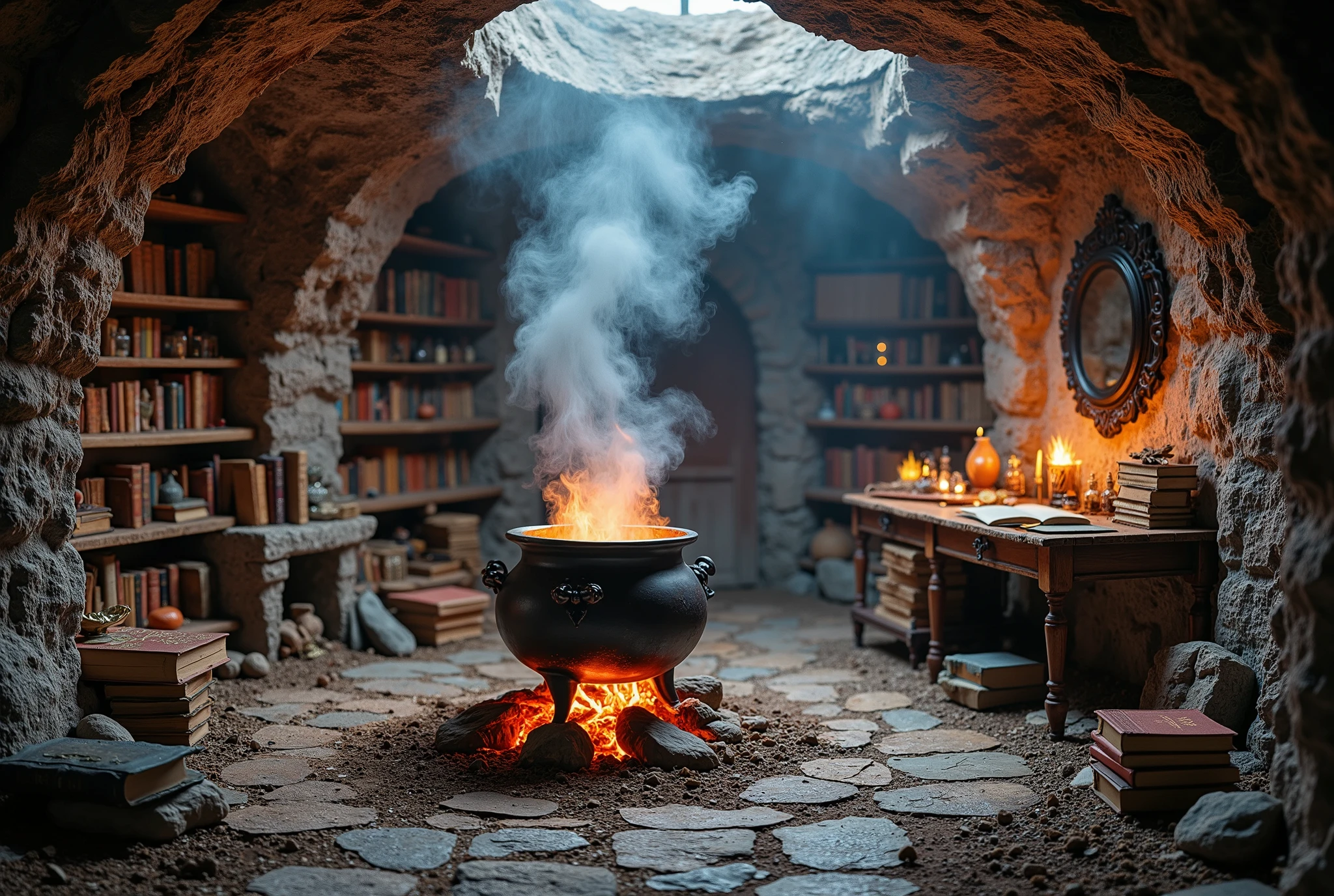 wide shot, a wizard’s lair, empty, underground, built from stone and soil, a bubbling cauldron emitting smoke over glowing embers, surrounded by wooden shelves filled with ancient books and alchemical vials, an old table with open grimoires, a dark enchanted mirror in the background, fantasy setting, cinematic lighting, colorful and mystical, realistic medieval scene, ultra detailed, sharp details, high detailed, 4K, artwork, painted in rich tones with magical effects and texture layering,  --v 5