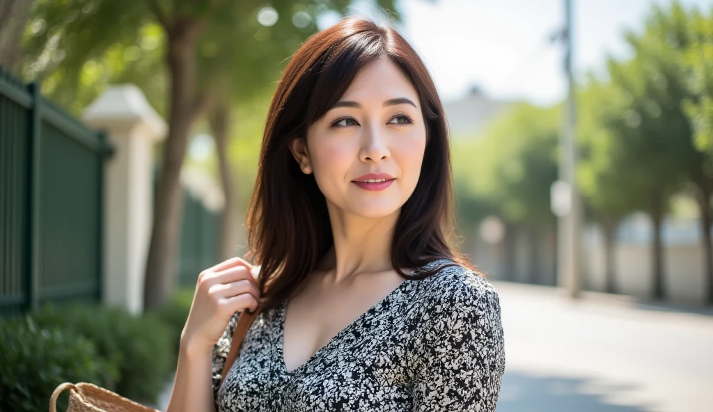 Portraiture, 8k, high quality, Realistic Photographic Images, Japanese women, 40 years old, Neat and clean wife, housewife, Beautiful wife, Small breasts, Very small waist, Natural and realistic eyes, Cute Face, Detailed face, smile, Beautiful black hair, Octane Rendering, Beautiful lighting, Golden ratio composition, Casual clothing, Plain clothing, Casual clothing, Natural background, Blurred Background, light makeup, Mature Woman, Background Blur