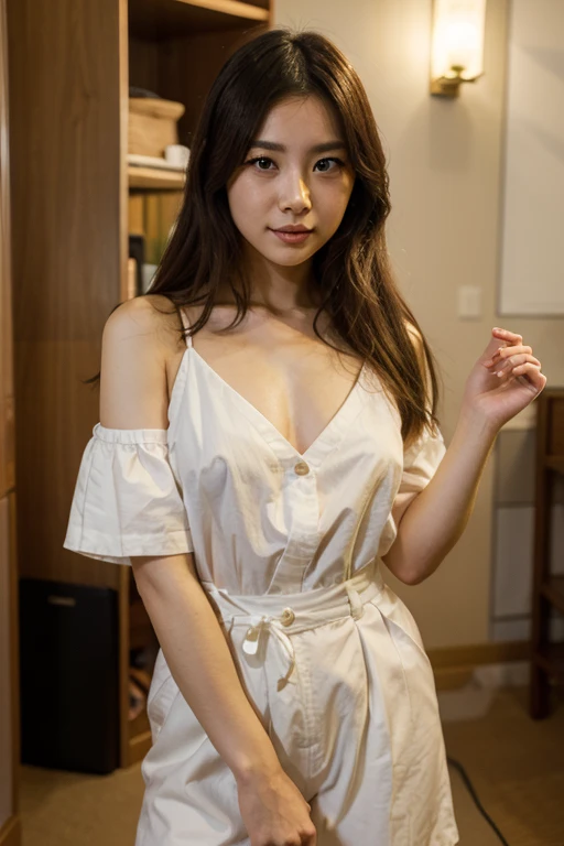 (Realistic、Like a photograph、Live Action、8K, Realistic, RAW Photos, Best image quality: 1.4), Single-lens reflex camera、RAW Photos, Highest quality, Realistic, 非常に詳細な CG Unity 8K 壁紙, Written boundary depth, Cinematic Light, Lens flare, Ray Tracing, Realistic background、Highest quality、8K.Bedroom、Young and beautiful girl、Show me your forehead、Show your forehead、Top view、Very large breasts、Very detailed and intricately designed underwear、Selfie、Selfie