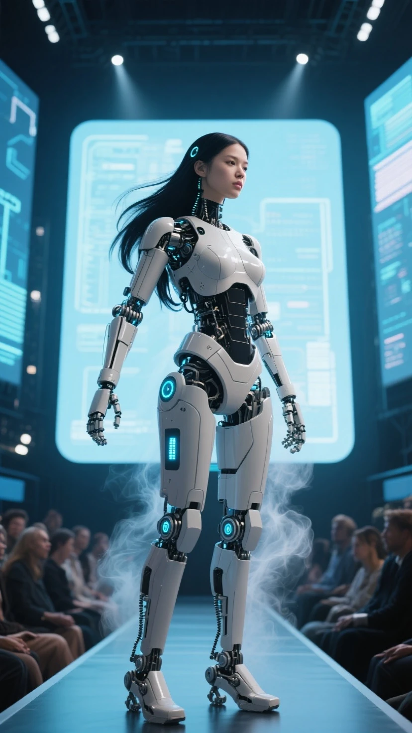 Full HD image of a female robot with a human head and long black hair with bangs running. Her body is made of transparent material so you can see the robot components inside her. She is in a robot assembly factory.