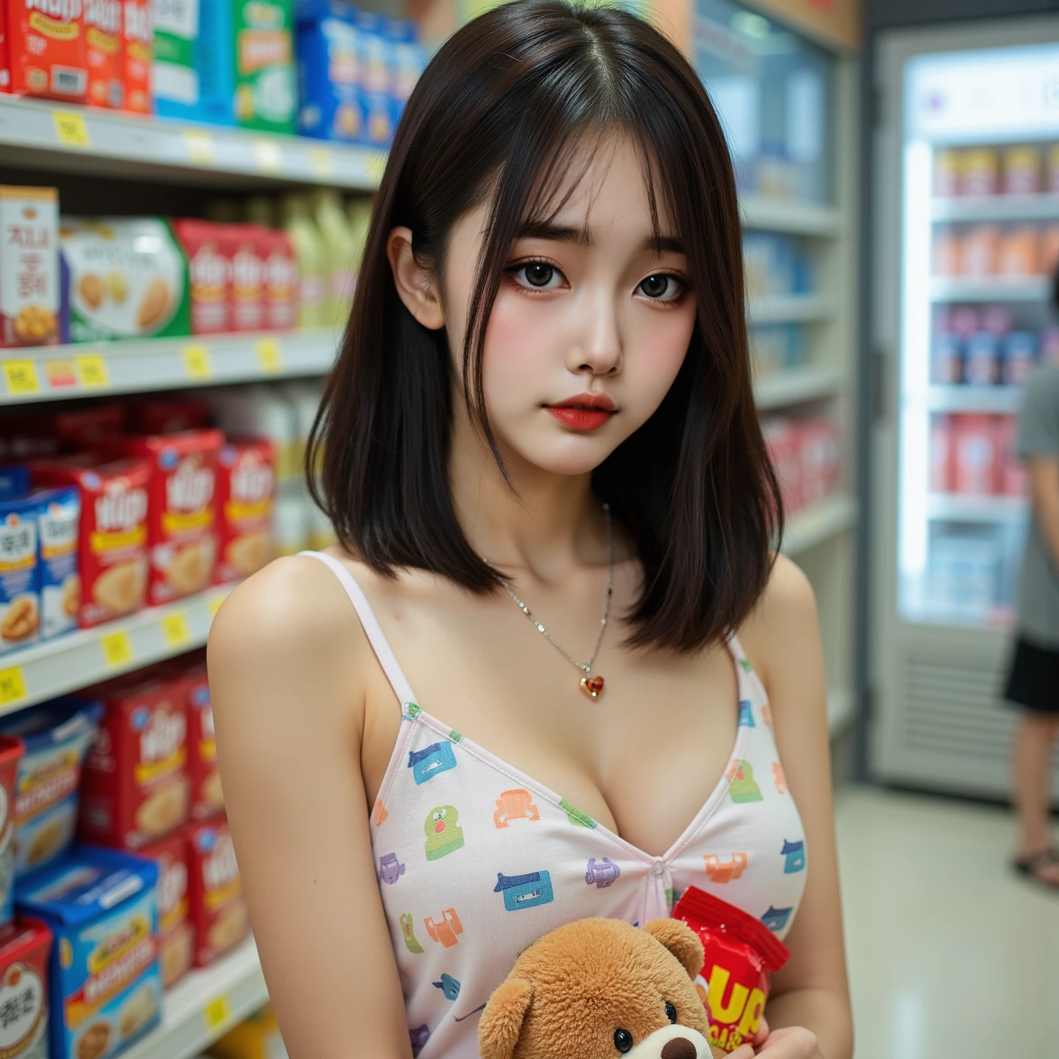 Exposed nipples、Exposed underwear、Convenience store clerk、cash register、Customer service training for convenience store clerks、Wearing a uniform、24-hour convenience store：Daily life of a night shift clerk。Photorealistic images of solo idols, Morning Musume inspired by Eri Kamei, Radiates charm and beauty with plenty of bust and subtle exposure of cleavage. The image is、Must reflect a real person of the highest quality, Powered by Ultra-HD (16 K) resolution, crisp detail, Vivid colors, Dynamic Range, Soft bokeh, Fine texture, Realistic realism, Pin Sharp Focus. The scenario is a market research activity at night, Lighting is、Face that is、In the glow of city lights、It's the soft glow of a computer screen. The camera setup is、Nikon D850 and NIKKOR Z 58mm Boobs Boobs Boobs Boobs F。/0.95 S Noct lens,  The setting must be ISO 64, F/0.95, Shutter speed is 1/60、Enhance the vivid colors and dynamic range of the office scene at night. --ar 16:9 - V5.1 --Style raw --Q 2 --S 750