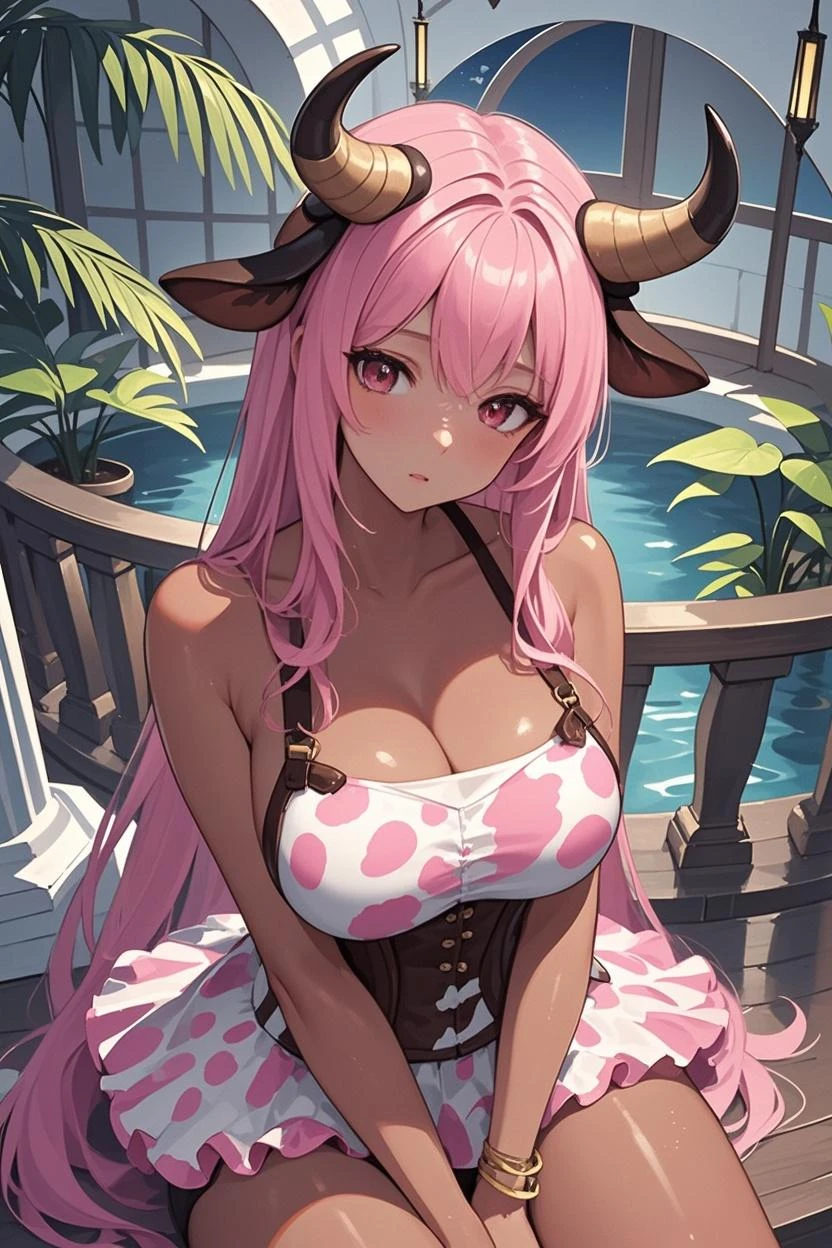 Cow girl, horns,dress, cow print, side boob