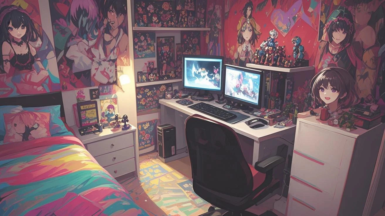 otaku_room:1.4,   high res, masterpiece, dragonball z, <lora:otakuroom_V1b:1>, (sfw), action figures ,computer desk