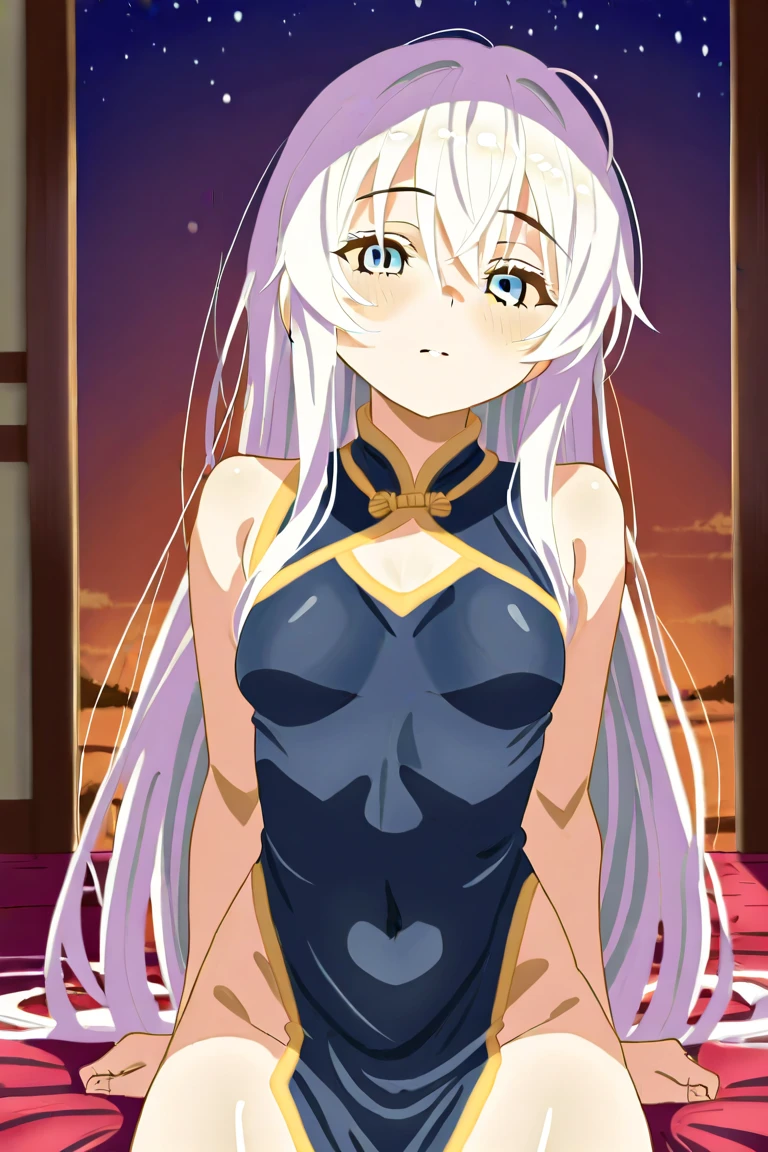 (masterpiece, Highest quality, Super detailed:1.1), 8K quality, girl, (front view:1.1), nsfw, Shiro, long hair, hair between eyes, very long hair, white hair, messy hair, (yellow eyes:1.3), crown, shirt, long sleeves, (Perfect Naked, completely nude:1.3), bed, ( show off pussy, open pussy:1.1), Leaning forward