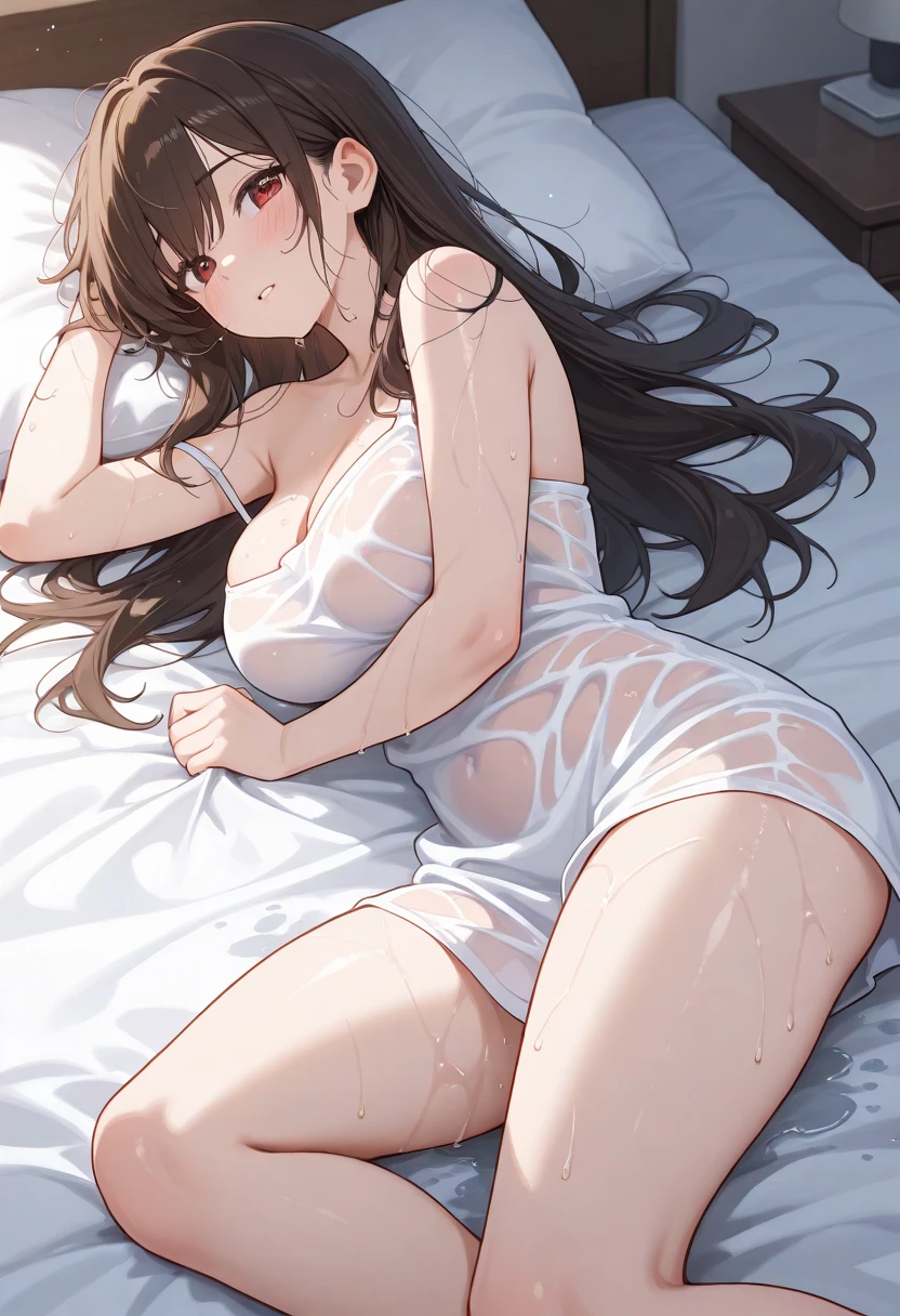 (masterpiece:1.3), 最high quality, high quality, Absurd, 8k, Ultra HD, High resolution, Very detailed, One girl, alone, alone focus, Lie in, (~ side), Tilt your head, (Have a phone), acrgbknazln, Large Breasts, Butt, clavicle, White Bikini, Removable sleeves, See-through sleeves, Side tie bikini bottom, White knee socks, Hair Ribbon, Twin tails, smile, Open your mouth, blush, smartphone, Wet Skin, Simple Background,