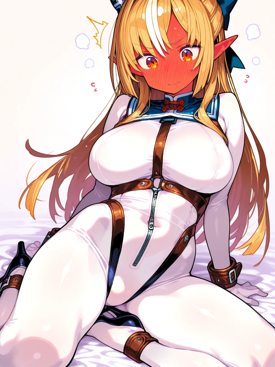 NSFW, uncensored, One girl, A man with a strong, very long and very thick monster cock has big testicles hanging down between his legs., by 2 person, Bradamante, Blonde, blue eyes, Braiding, french Braiding, Long Hair, Twin tails, Both sides up, Sweat, Hot body, Glowing Skin, Smiling eyebrows, Bright red face, Irrumatio expression, Moist eyes, Tears of bliss overflow, hot, Heavy breathing, Tears overflowing from the eyes, A large amount of jelly-like semen bukkake,
No mask, No anal sex, No peace, Do not bite cloth or strings,
enormous breasts, (((Very large and saggy breasts))),
Her nipples and clitoris are so hard that you can clearly see her erection through her costume.,
leotardは腹から下腹部まで開いており白いハーフバックパンティーのようなパーツと部品で繋がっているデザイン, (The fabric of the half-back panties is white.), leotardの生地は少な目,
(((Clothing))), (((コスチュームは外さずブラジャーは絶対に布が少ない青と白のマイクロビキニのようなストライプビキニをVery large and saggy breastsに着用、Panties are absolutely half off in a blue and white micro bikini style striped bikini, Wearing over-the-knee socks))),
A man's monster cock will never be inserted into his ass,
From before, From below, With her panties off, she opens her vagina with her fingers, Opens the vaginal opening wider when it is wet with vaginal secretions, (The labia majora are completely exposed and fully open), (The vagina is wide open so that you can clearly see the inside of it.),
She gives a hand job to the long and thick monster cock rod that is sticking out from the naked lower half of the man beside her, She takes that monster cock in her mouth and irrumatio, The man's hands grip her head tightly, A large amount of semen spurts out from the glans while the testicles contract and pulsate., She puts her face close to the tip of the monster cock and orgasms multiple times from the smell of the glans and the smell of the semen.,
break covered navel, elbow gloves, gloves, leotard, Thigh straps,
break looking at viewer,
break indoors,
break anal sex, monster cock anal sex,
break (masterpiece:1.2), Highest quality, High resolution, unity 8k wallpaper, (figure:0.9), (Beautiful attention to detail:1.6), Highly detailed face, Perfect lighting, Highly detailed CG, (Perfect hands, Perfect Anatomy),