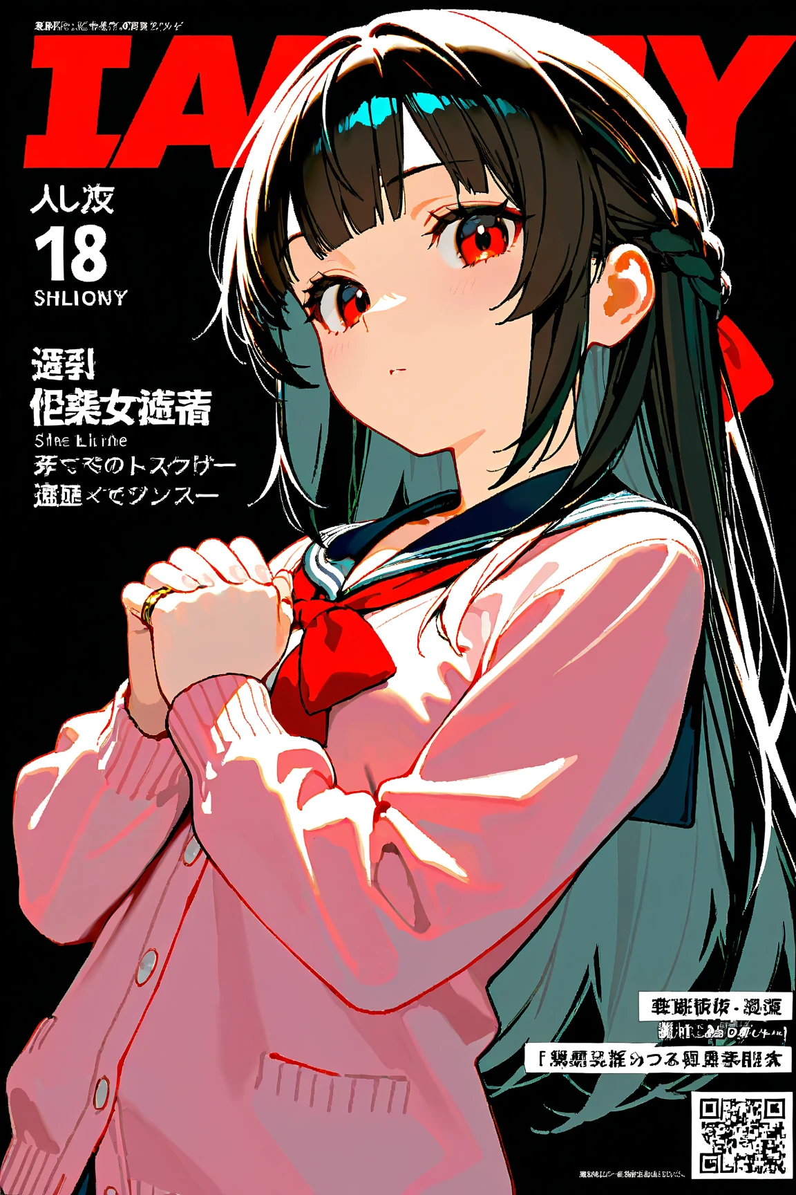 white background,masterpiece, highest quality,figure,sailor suit,slanted eyes,straight hair,brown hair,Side division,super dense skin,surprised,detailed and beautiful eyes,blush,short sleeve shirt,red eyes,(big breasts:1.2), (A raised and well-defined bust:1.2), (lifted chest:1.2), (perky chest :1.2),cover one&#39;s chest with one&#39;s hands,high school girl,undressing,black lingerie,school changing room,undressing,take off half of your clothes,black bra