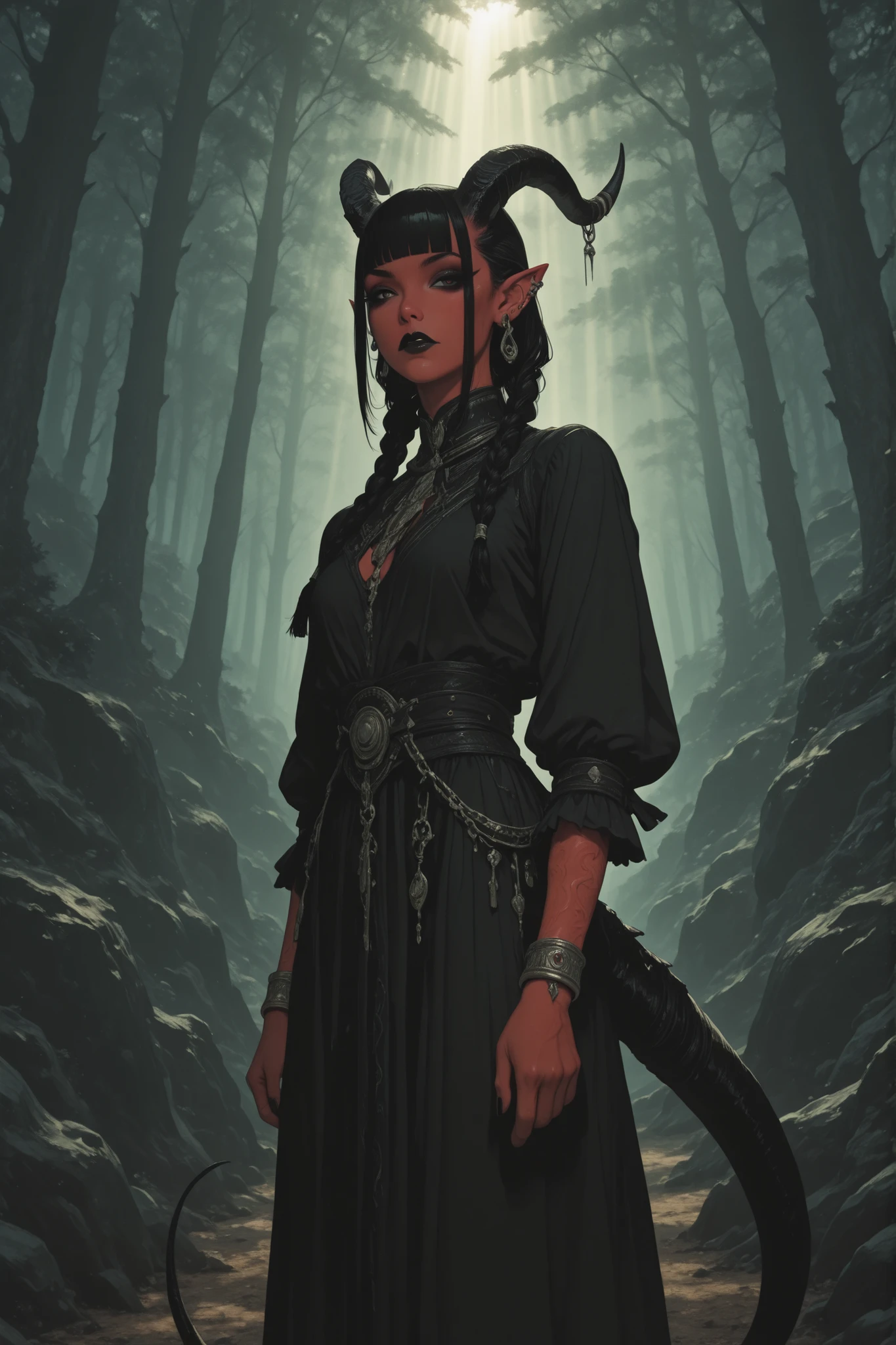 score_10, score_9_up, score_8_up,s core_7_up, 1girl, tiefling, black eyes, black eyeliner, black lipstick, black eyeshadow, elf ears, black hair, long braids, blunt bangs, tiefling black horns, tiefling tail, earrings, bracelet, standing, looking at viewer, ancient forest in the background, summer, sunrays