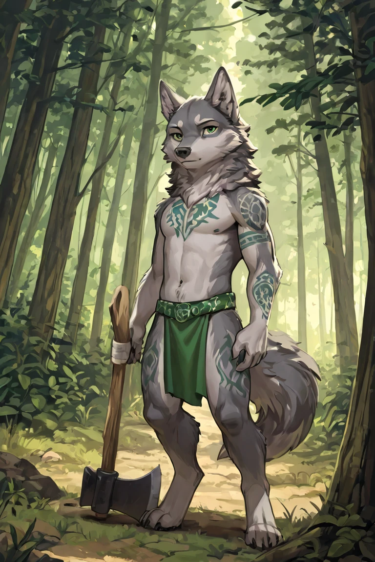 score_9, score_8_up, score_7_up, score_6_up, (solp), anthro male wolf wearing a loincloth, proud serious expression, tribal, muscular, sharp claws, standing, forest, black fur, tattoos, chief, warrior, digitigrade, dreadlocks