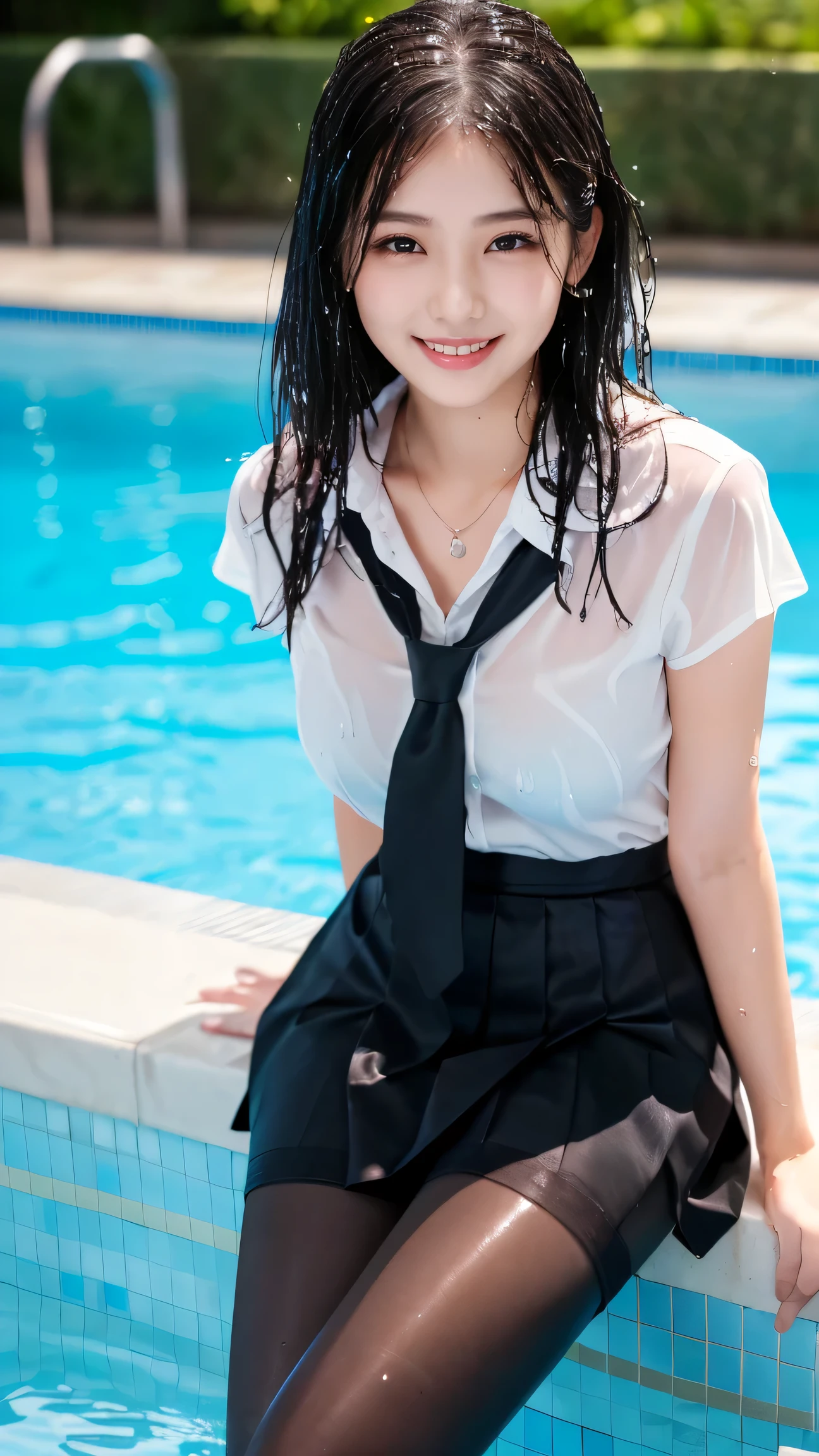 20 yo woman in a school uniform is playing in the water, at the beach, wet sand, waves, long sleeves, (cardigan), ((school tie)), (white shirt), ((loose tie)), ((pleated skirt)), closeup fantasy with water magic, beautiful maiden, wearing a skirt made of water, photorealistic, dripping wet, in water up to her shoulders, beautiful realistic photo, nymph in the water, hyperrealist portrait at seaside, hyperrealistic fantasy photo, splashing, cute shot, narrow depth of field, 8k, ((drenched)), ((soaked)), (dripping water), dripping oil, heavy clothes, soaked in oil, ((wet all over)), ((wet dripping hair)), black hair, glasses, japanese woman, smiling at viewer, (see through), varied poses, nsfw