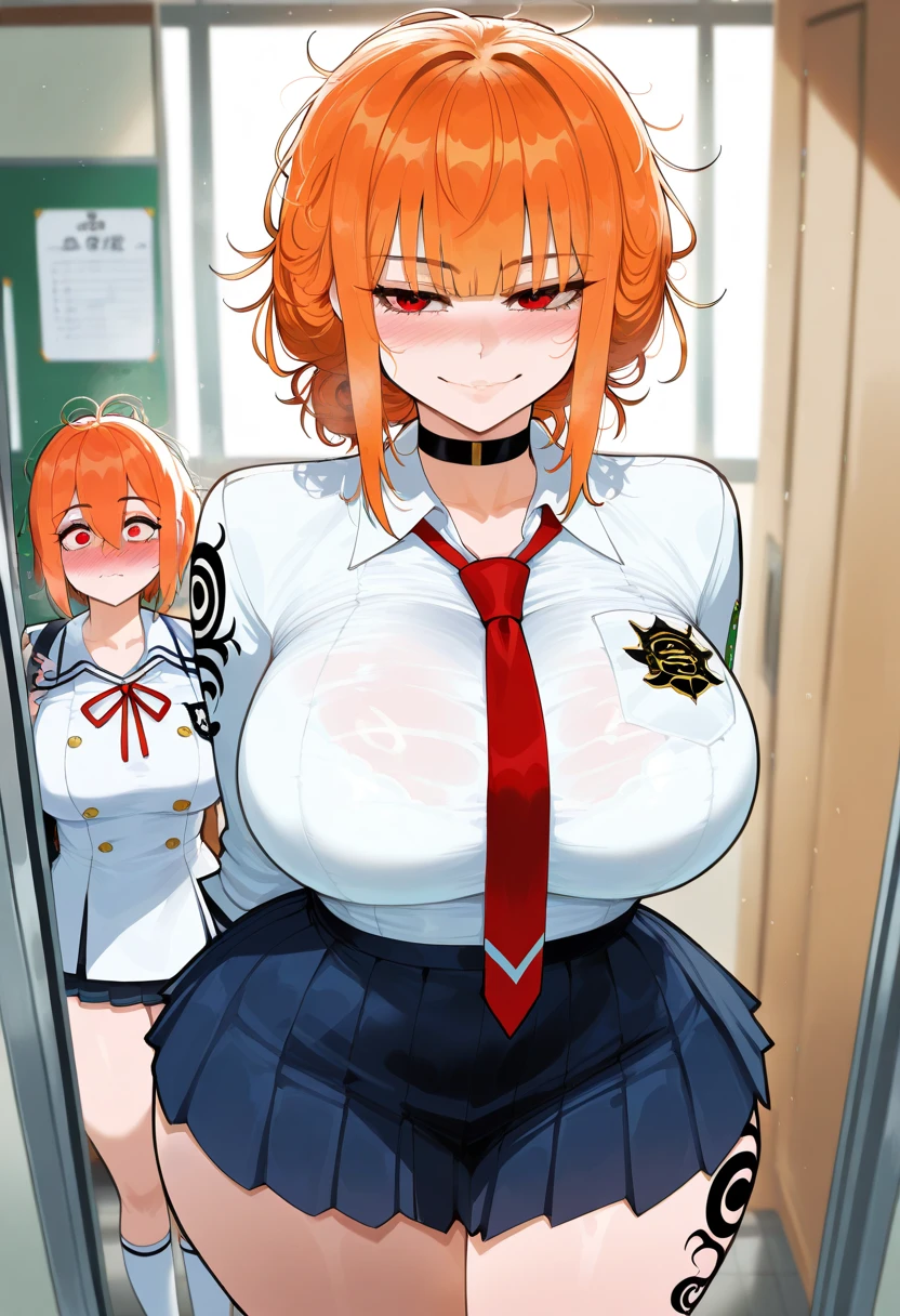 sexy, NFSW, white skin, anime woman, happy, glowing green eyes, extremely short glowing orange hair, wearing a suit