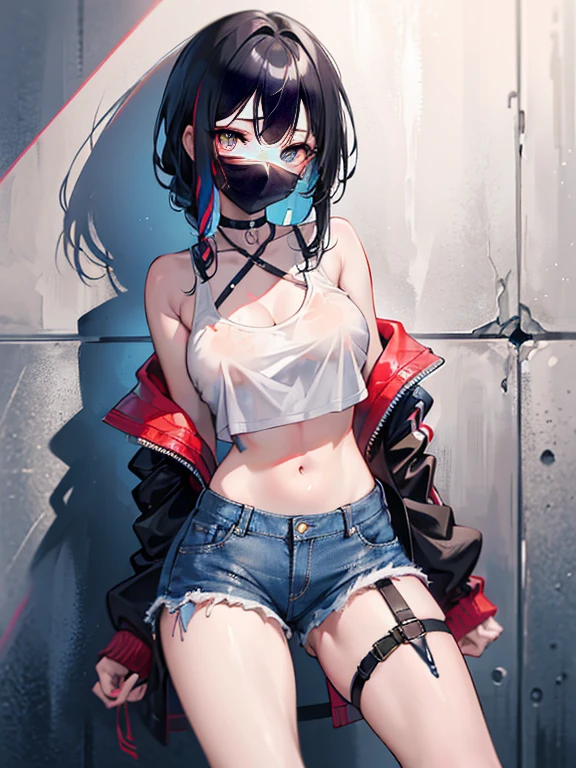 obra-prima, melhor qualidade, illustration, scientific fiction, tema vermelho preto, 1girl, olhando para baixo para o espectador, Hands in pockets, magro, Detailed messy black hair, olhos castanhos,pele parda,parda, casaco branco techwear aberto, black mouth mask, fio, cabo, (retroiluminação), Black bra shows