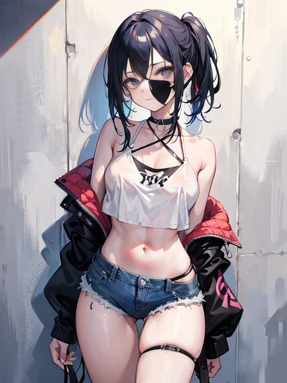 [artist:ningen_mame],[artist:sho_(sho_lwlw)],[artist:mignon],[artist:kedama milk],[artist:ask_(askzy)],artist:wanke,artist:wlop,artist:fujiyama,year 2024,8k,1girl,(Miyu Edelfelt),black hair,brown eyes,small chest,x hair ornament, solo, loose clothes,crop top, denim shorts, choker, graffiti paint splatter, arms behind back, (slouching), leaning back, against wall, looking at viewer, armband, thigh strap, streaked hair, paint on body, upturned eyes, head down, head tilt, (from above:1.3), bored,expressionless