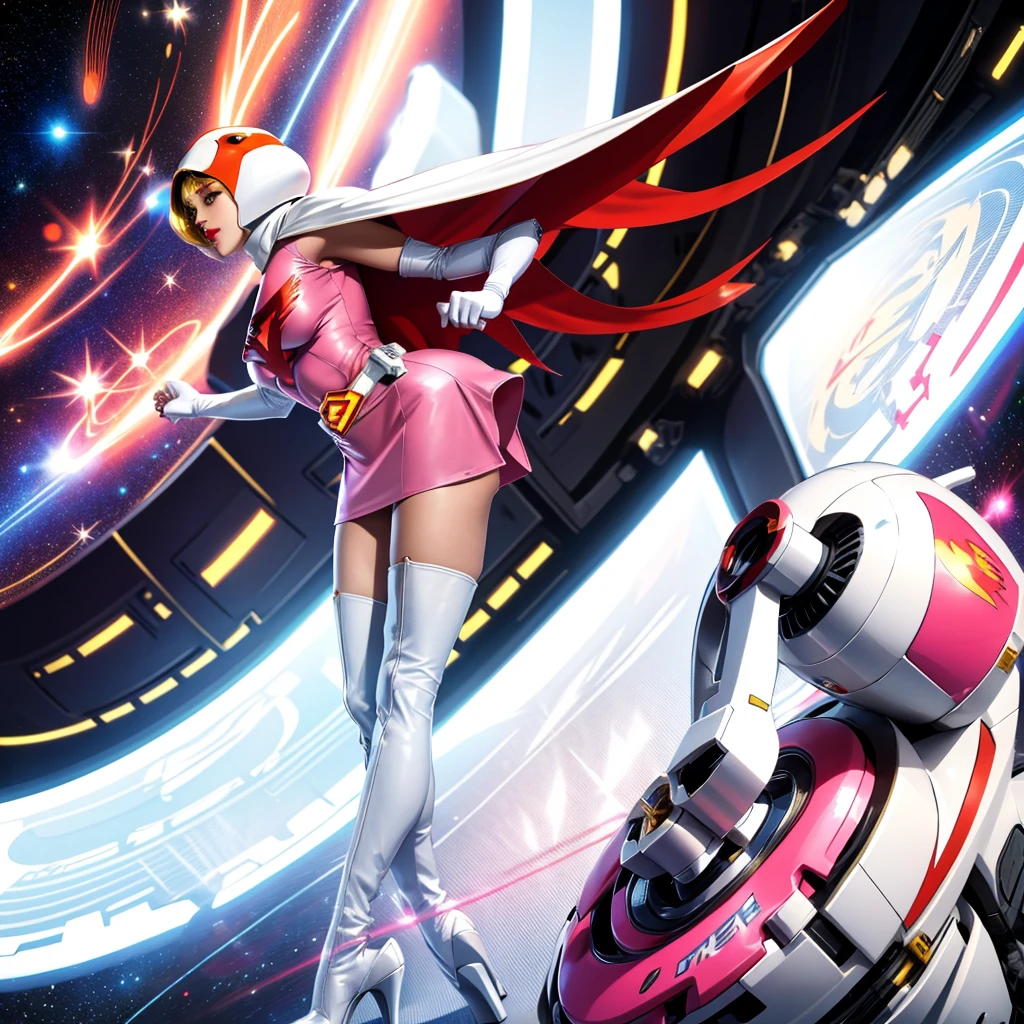 ANI_CLASSIC_jun_gatchaman_ownwaifu,1girl, 15 years old,good anatomy, masterpiece, best quality,realistic, hyperrealistic, 16k hdr,breasts,green eyes,lips,large breasts,lipstick,makeup,gloves,cape,helmet,belt,elbow gloves,white gloves,mask,ultra miniskirt,leotard,spacesuit,white tight overknee highheels boots,pink dress,superhero,bodysuit,cleavage,erected nipples,((jumping poses,arms up straight)),cameltoe