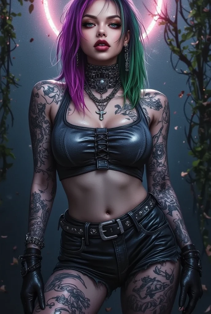 (masterpiece), best quality, expressive eyes, perfect face, (concert background), (walking), (cleavage closeup view), (smirk), (1girl, american, goth chick, pale white skin,  lime green hair, short straight hair, brown eyes, black lips, black lipstick, black eye shadow, black makeup, face tattoo, hourglass figure, thin body, petite_body, skinny body, small breasts, cleavage tattoos, thigh tattoos, short height, thick thighs, black fingernails, nose piercing, black t-shirt, spike chocker, spike bracelets, black earrings, denim minishorts, fishnet stockings, black heels), 