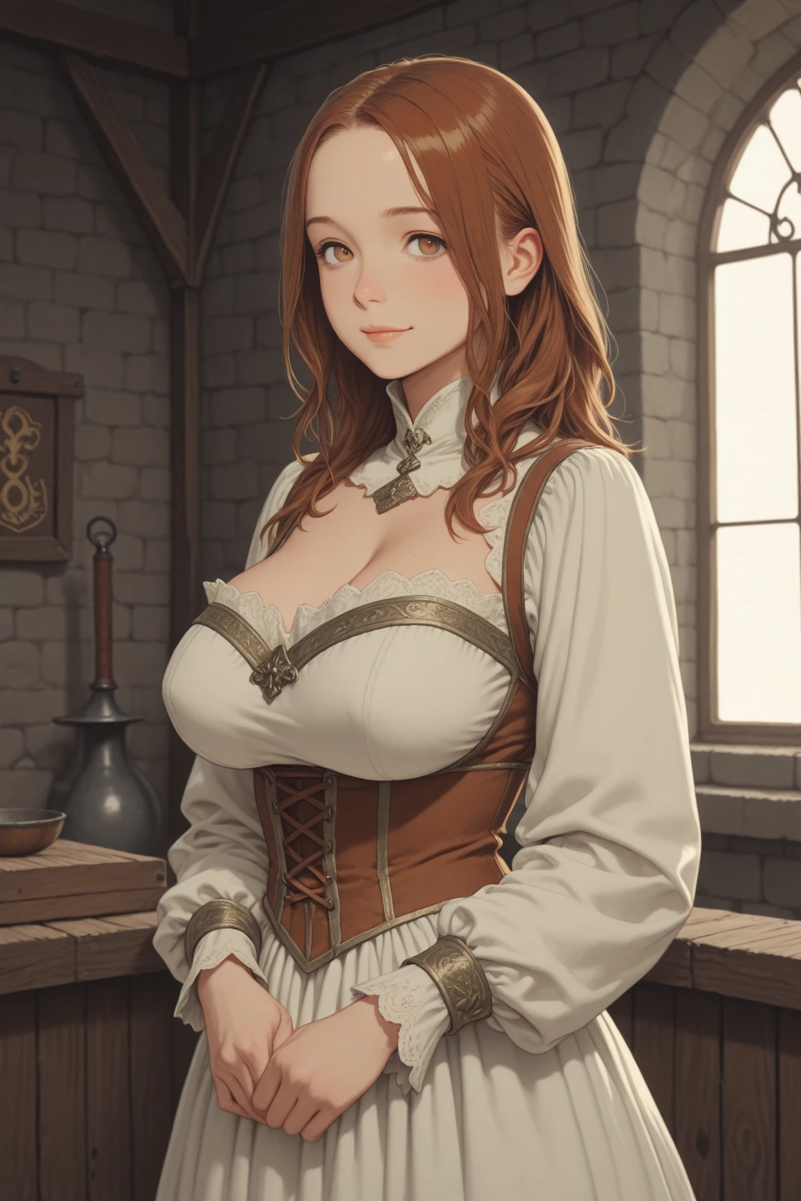 Anime - image of a more mature woman with green eyes, mischievous look in an unbuttoned corset, unbuttoned to the belly, sitting on a bed, detailed corset in leather, breasts well visible on display, almost uncovered, well uncovered, large and voluminous, red hair with braids over the breasts, braids fallen over the sweaty voluminous breasts (hot day), Steady face and seductive staring gaze, mouth half open, hand touching chin, hand on chin, adult woman (+1 8) seen from above, looking from above, close-up, light light coming in through the window, vintage room, antique furniture, illuminated by window light, shadow and contrast, beautiful seductive anime woman, lascivious (POV), +1 8