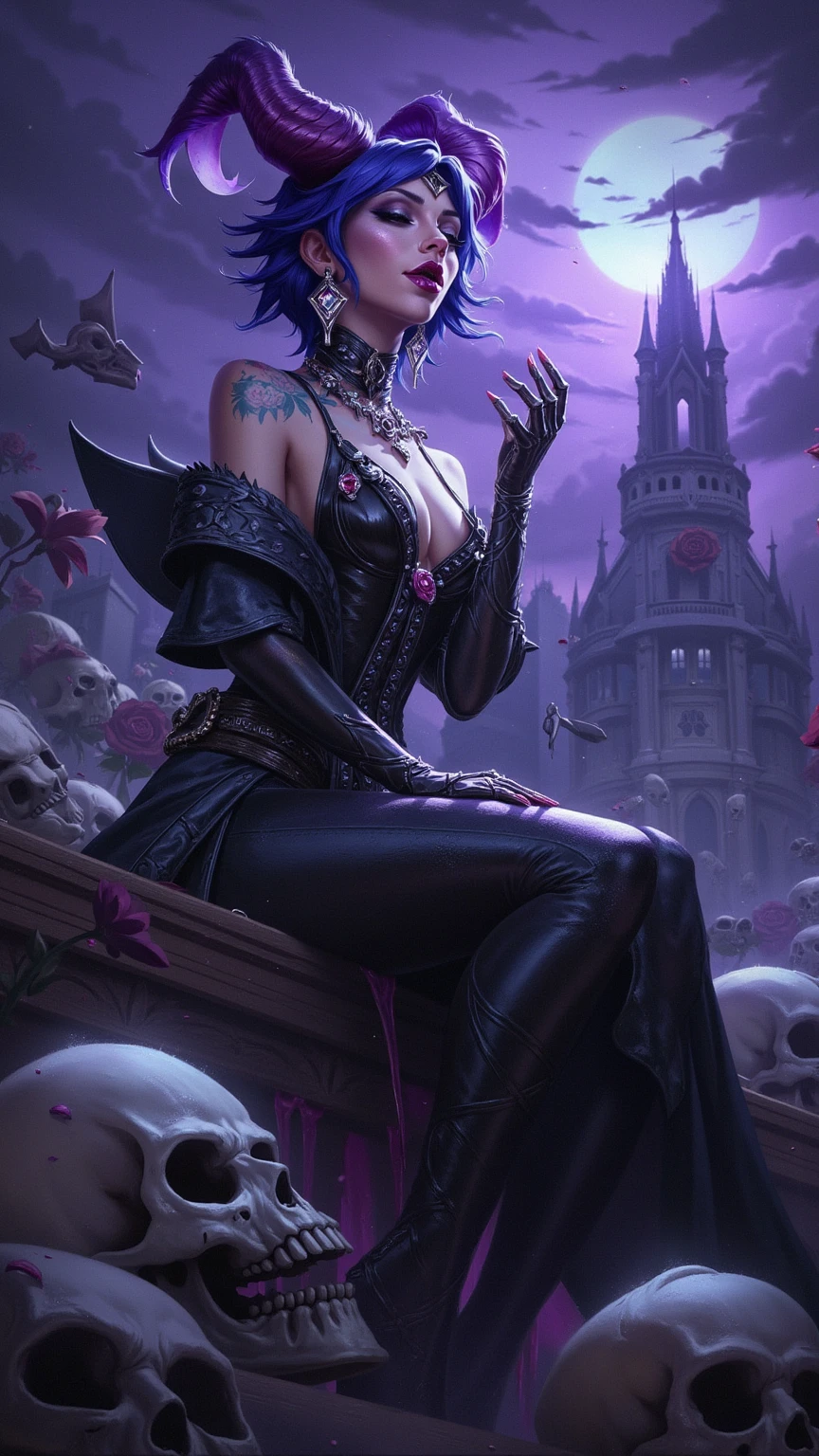 best quality,ultra-detailed,gothic,beautiful detailed eyes,beautiful detailed lips,,pale skin,jinx dress,roses,moonlight,sharp fangs,dark atmosphere,haunting,ethereal,nighttime,fangs gleaming,bloodlust,hypnotic gaze,vampire ((  breast))