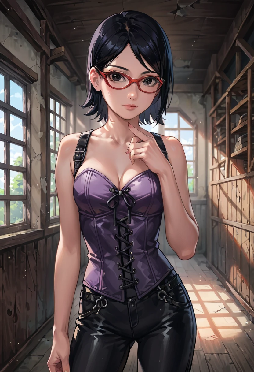 1 woman, short hair, curly hair, (natural redhead), yellow eyes, round glasses, chest a little big, ((((Purple loose sweater)))), bare shoulders, (Strapless), smile, smile coqueta, smile picara, full blush, flushed, (Mole on lips), Mole on shoulders, black skirt, Entrance of a house, shine, simple background, standing, from above, High resolution, anatomically correct, Very detailed, textured skin, UHD, high quality, HD Model, (Whole body), warm environment, lightning.