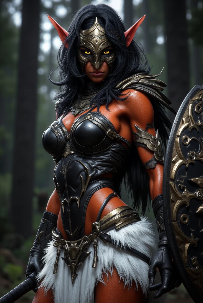 ((very muscular female dark skinned demon knight in dark metal armor)), ((high resolution)), 8k, 4k, very detailed, dark forest background, realistic, (very detailed face), ((mature woman)), masterpiece, red glowing eyes, ((full body view))