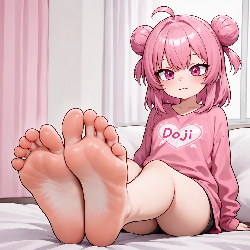 light yellow hair, loose, curly ends, blue eyes, teenage girl, white long sleeves, white miniskirt with pink elements, cute room with soft toys in the background. small breasts, thin waist
the girl is visible in full height, she sits with her knees pressed to her, her hands rest on her bare feet