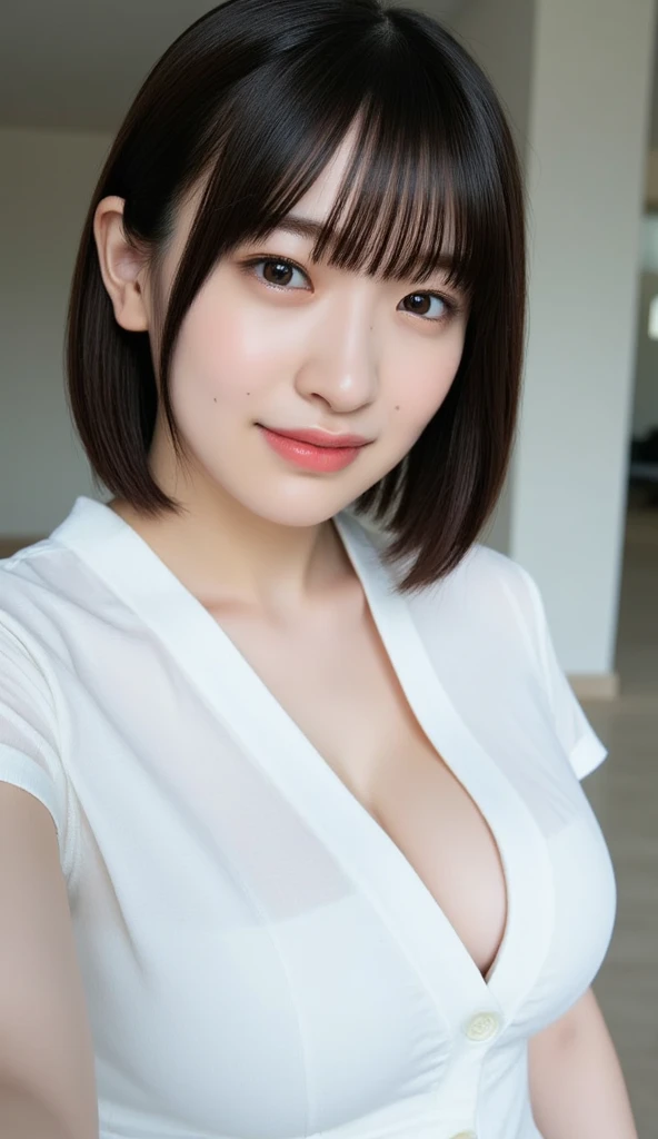 (best quality, 4K, 8k, highres, masterpiece:1.2), ultra-detailed, (realistic, photorealistic, photo-realistic:1.37), hyper detailed, extremely detailed, intricate details, sharp focus, physically-based rendering, professional, vivid colors, studio lighting、Japanese High School Girl、smile、selfie、flat chest、Natural Makeup、(Hair Color:Random)、middlehair、Inward curl、White shirt、Open shirt、Emphasize cleavage、side boob、under boob