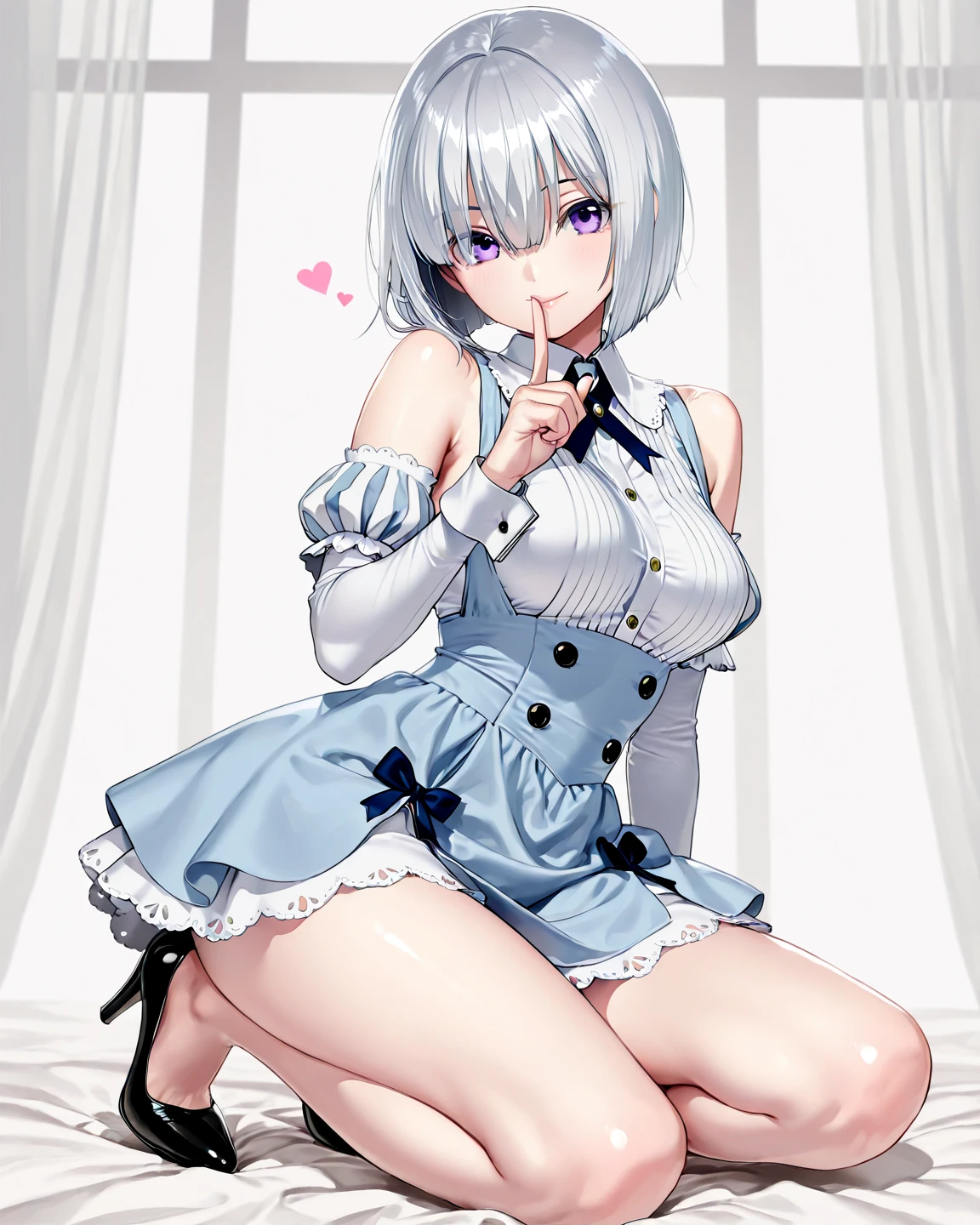 best quality, masterpiece, highly detailed, hakuren, solo, light smile, open mouth, grey hair, short hair, braid, purple eyes, white dress, collar, bare shoulders, elbow gloves, medium breasts, floating clothes, purple gloves, standing, head tilt, looking at the viewer, best quality, extremely detailed, (illustration:1.2), high-resolution, 8k cg wallpaper, stunning art, (perfect lifted own skirt by self:1.3), line up show thighs completely, bare all navel, shiny eyes, very lovingly face, shy, (blush:1.2), , face to face, in the classroom, cowboy shot, front view, straight view, (all girls perfect show own pink panties completely:1.3)