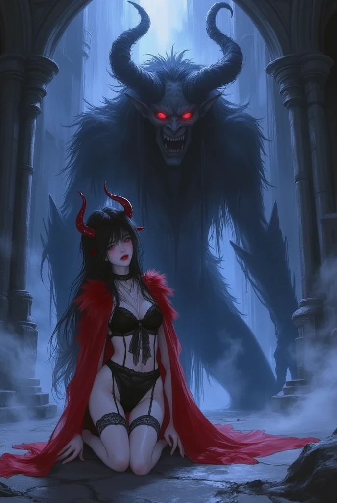 Baphomet,頭部が山羊で身体が女性の姿をした1体のdevil,Goat Head Girl,devil,山羊の頭部を持つ女性の身体のdevil,Completely naked,Very lean body,Skin-colored upper body,Hairy lower body,Hoofed feet,Lean, slender body,Beautiful nipples,Woman's upper body,Small breasts,Protruding ribs,Long arms