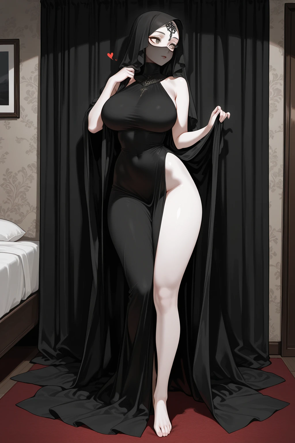 full body female (Warhammer Art Style, Adepta Sororitas, Battle Sister, White hair, bob haircut with bangs. 16k ultra hd, portrait), holding hands a bouquet (both hands) photorealistic, fullbody, bedroom background, royal bedroom, black gloves, black socks, tiara, white hair, laying down on bed, red cape, yellow bikini, high heels, raw photo, DSLR, 8k, 4k, UHD, DSLR, high quality, soft lighting, nikon, canon, hands on hips. red tattoo on belly