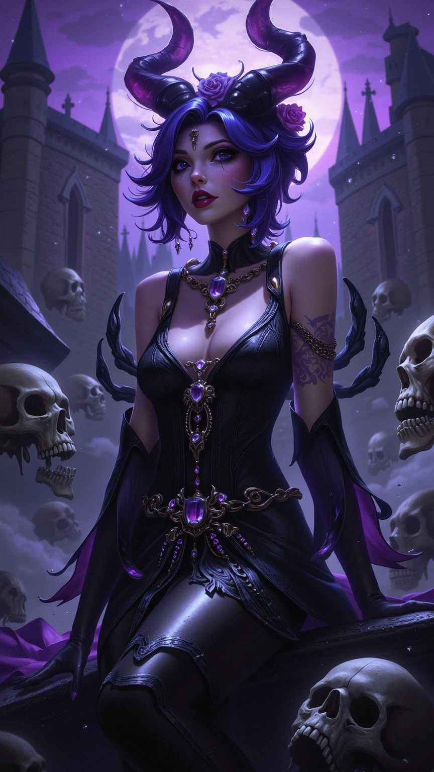 woman 30 years old, witchcraft, magician,magic clothes, where poison potions and vines abound, a woman (ruthless), short black hair (black hair), (bangs), (purple eyes), looks at you amidst a pile of bones and skulls. Indifferent look , merciless. among the skulls, dancing with a man, Angry face, dinamic poses, egoist smile,