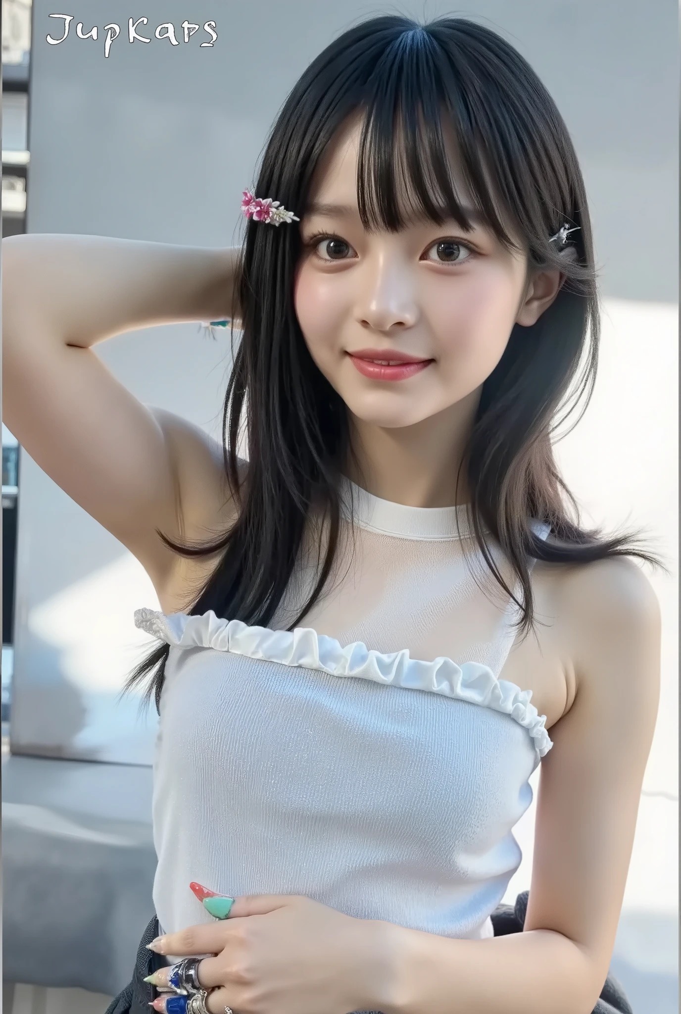 {{{top quality:1.8}}}, {masterpiece:1.8}, {16 k:1.8}},,{natural makeup:1.8},{{Extremely elaborate facial eyes:1.8}, {Beautiful skin}, {professional lighting)}},{High Accuracy Selection},{{{{chestの上の顔の写真}}}},{{One high school girl :Smile Yan:chest:Nipples}},,{Red cheeks:1.6},,{{{{Smile:big double eyelids:mascara: teardrop bag:long eyelashes:1.8}}},,{{eyeshadow:0.8}},{{{{透けて見える白いタンクトップ-Nipples:1.8}}}},{{bob cut::Princess Cut:ponytail:1.8}},